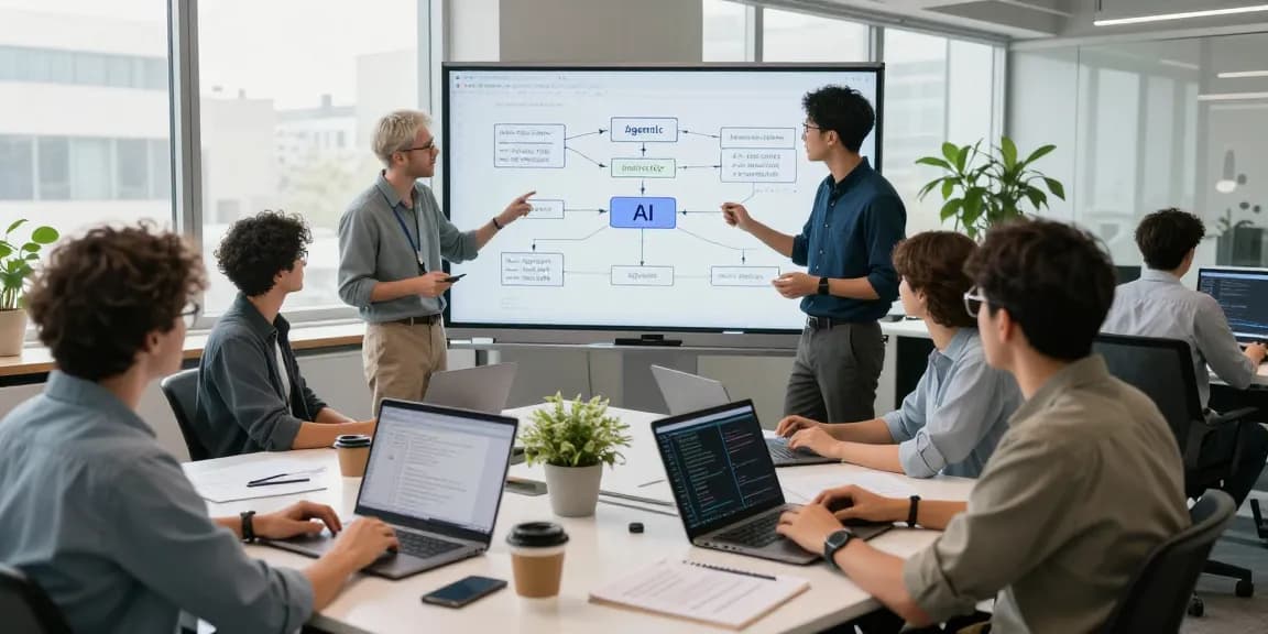 Diverse team collaborating in a bright office on agentic AI projects, showcasing innovative tech development.