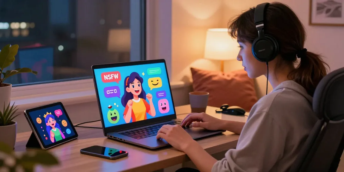 Engaged user enjoying nsfw ai chat on a laptop amidst colorful animated characters in a cozy home office.