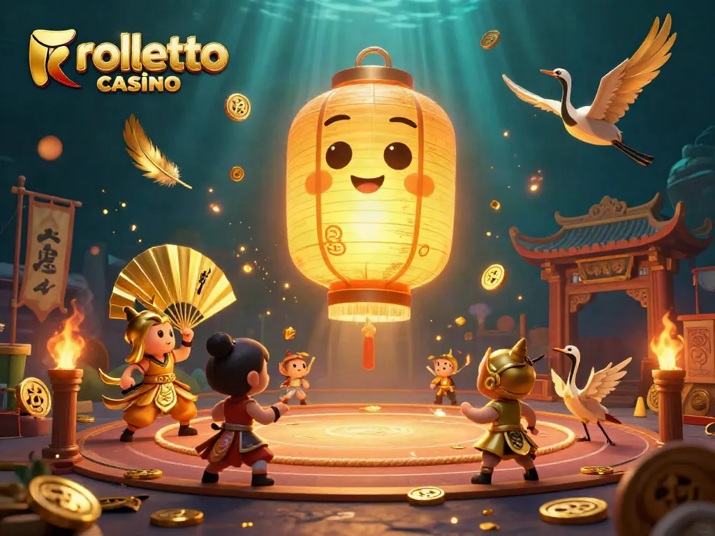 Engage with rolletto casino's vibrant universe featuring a glowing lantern spirit amidst exciting gaming elements.