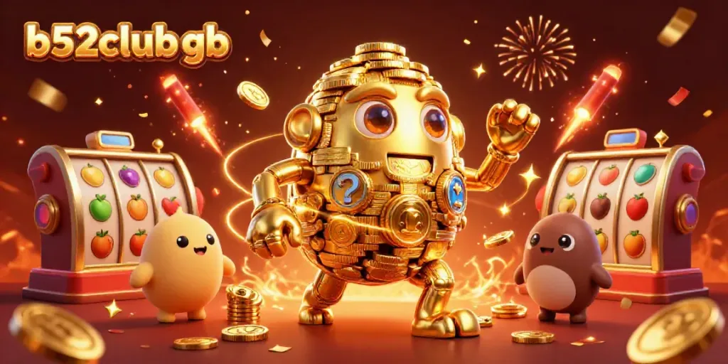 Join the excitement at b52club gb with a 3D illustration of a golden golem among casino symbols.