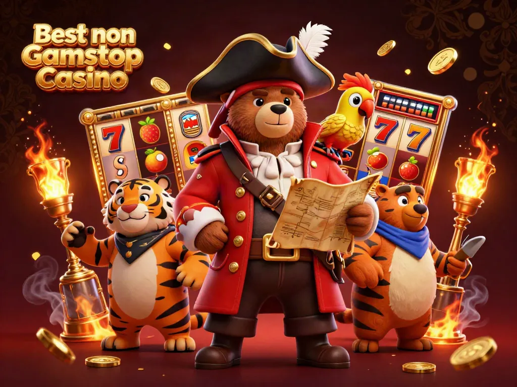 Engaging scene showcasing the Best non Gamstop Casino with a pirate captain bear, a tiger mate, and a parrot, surrounded by vibrant slot elements.