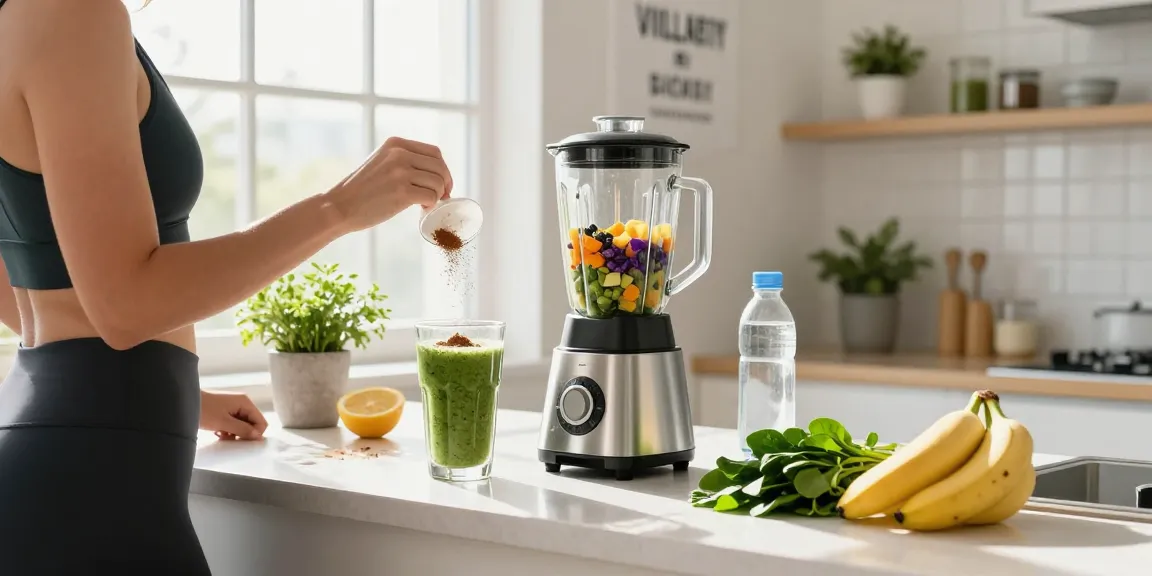 Fresh, vibrant scene preparing a kratom smoothie for energy boost at behappygoleafy.com/kratom-for-energy.