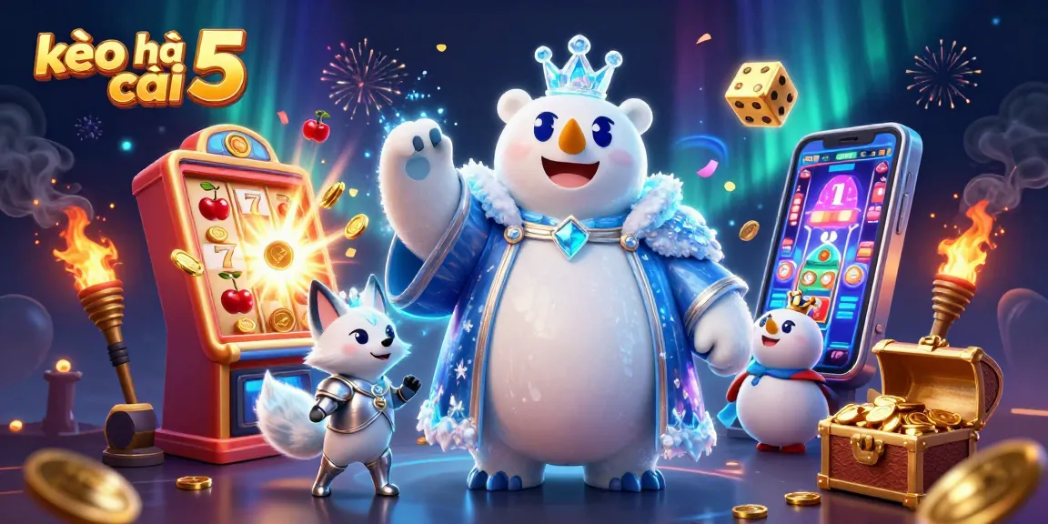 Engage with kèo nhà cái 5 through a vibrant illustration of a polar bear king and snow fox in a spectacular casino scene bursting with jackpots.
