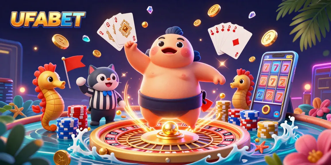 Engage with UFABET’s vibrant underwater casino scene featuring a fugu, catfish referee, and seahorse fans.