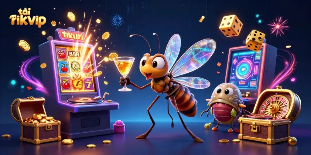 Experience the thrill at tải rikvip with a lively 3D casino scene featuring animated characters and game elements.
