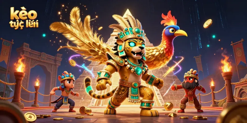 Engage in thrilling kèo trực tuyến with vibrant 3D illustrations of a Mayan jaguar priest and golden quetzal bird, surrounded by gambling elements.