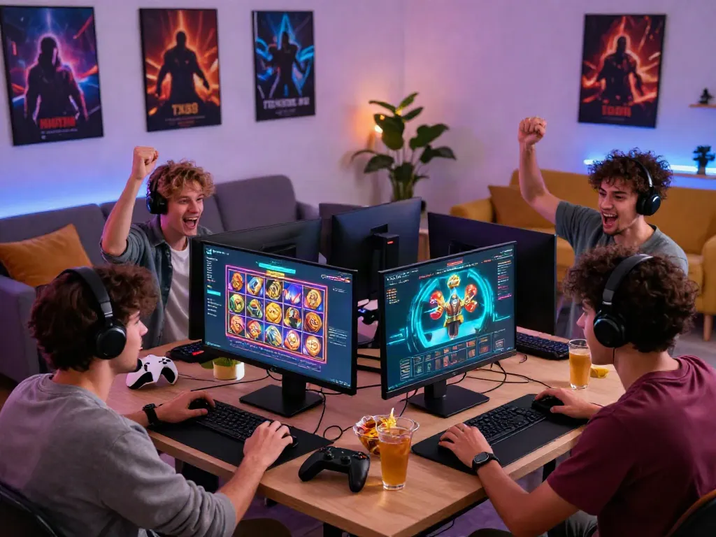 Friends enjoying online gaming on TX88 platform in a lively living room.
