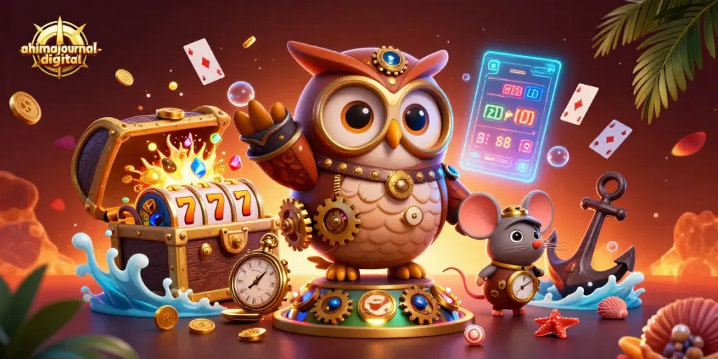 Engaging illustration shows ahimajournal-digital's vibrant casino scene with a time-traveling owl and exciting slot elements.