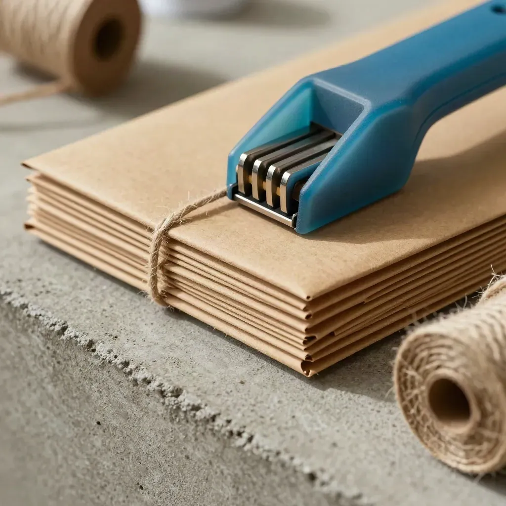 Macro still life of a tape dispenser, kraft mailer and twine spool on brushed concrete.