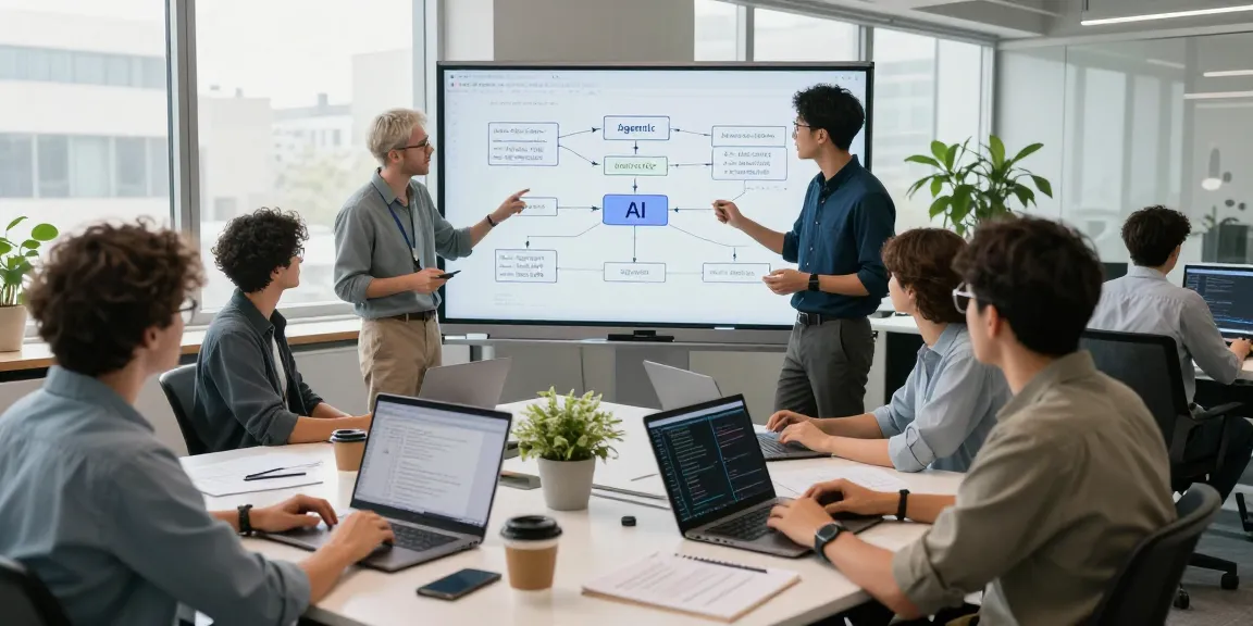Diverse team collaborating in a bright office on agentic AI projects, showcasing innovative tech development.