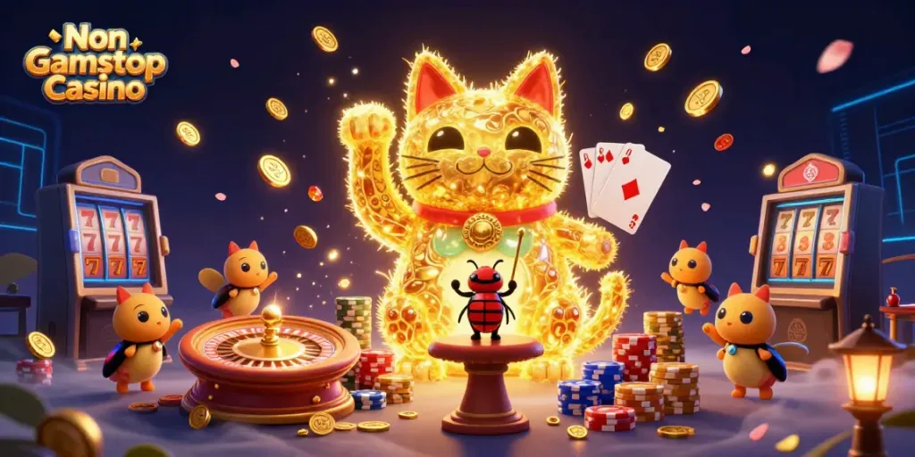 Engage with the Non Gamstop Casino through a lively scene of a lucky cat and casino symbols.