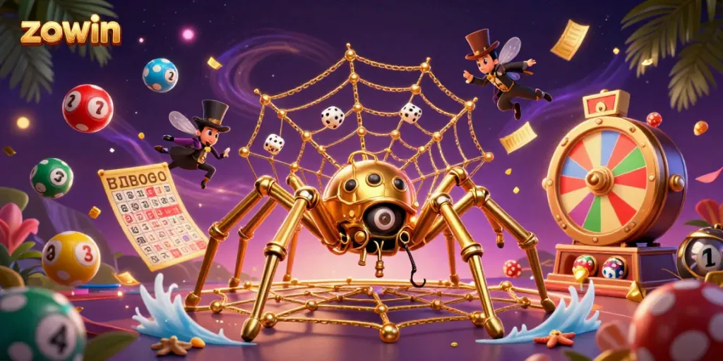 Experience the excitement of zowin with a dynamic scene of a steampunk spider and dice in a golden web.