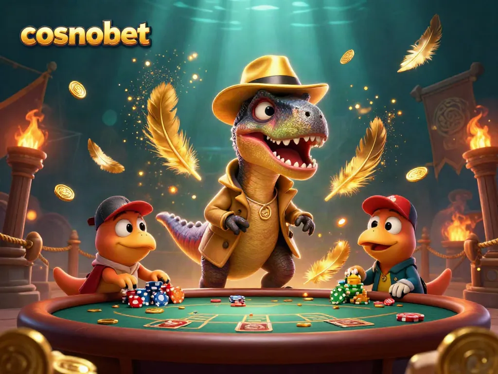 Cosmobet velociraptor card counter at blackjack table amidst golden casino elements.