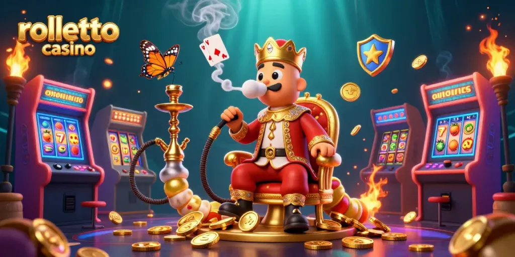 Experience rolletto casino magic with vibrant 3D characters and dynamic slot game elements in an engaging illustration.