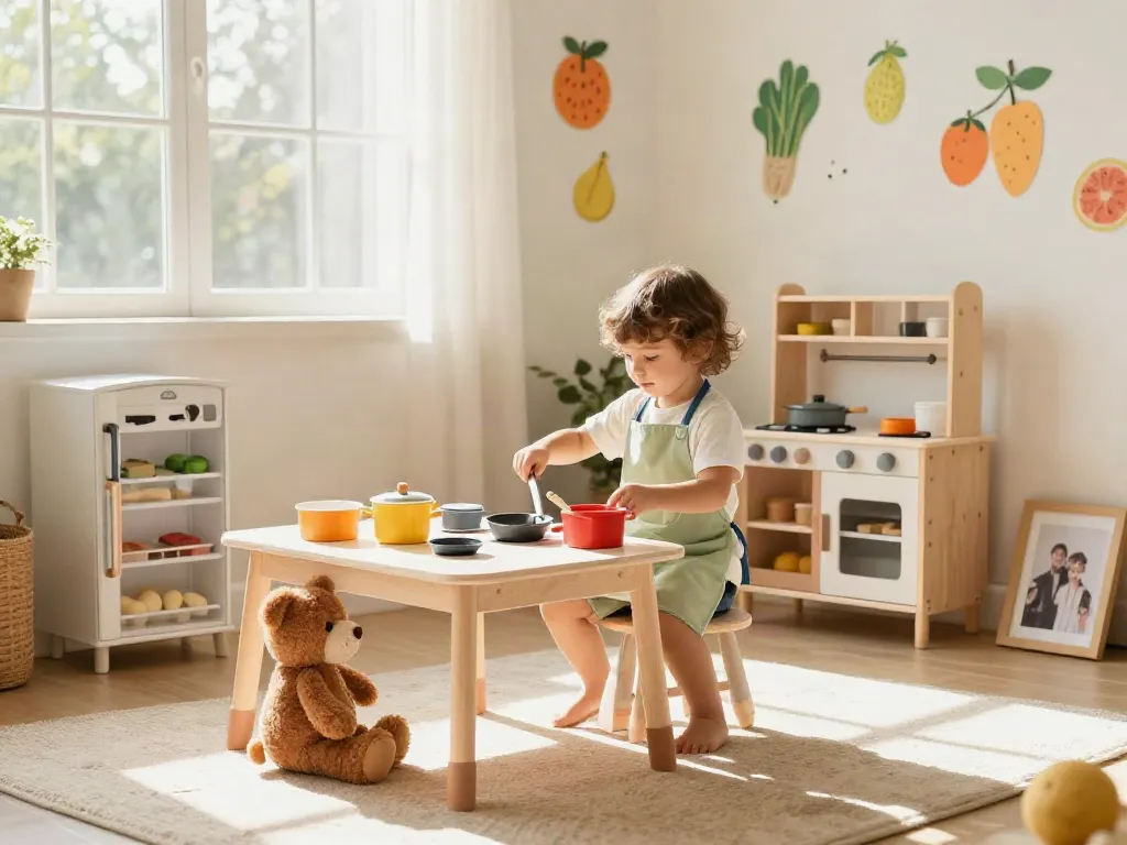 Child joyfully cooking in a vibrant play kitchen, showcasing creativity and pretend play.