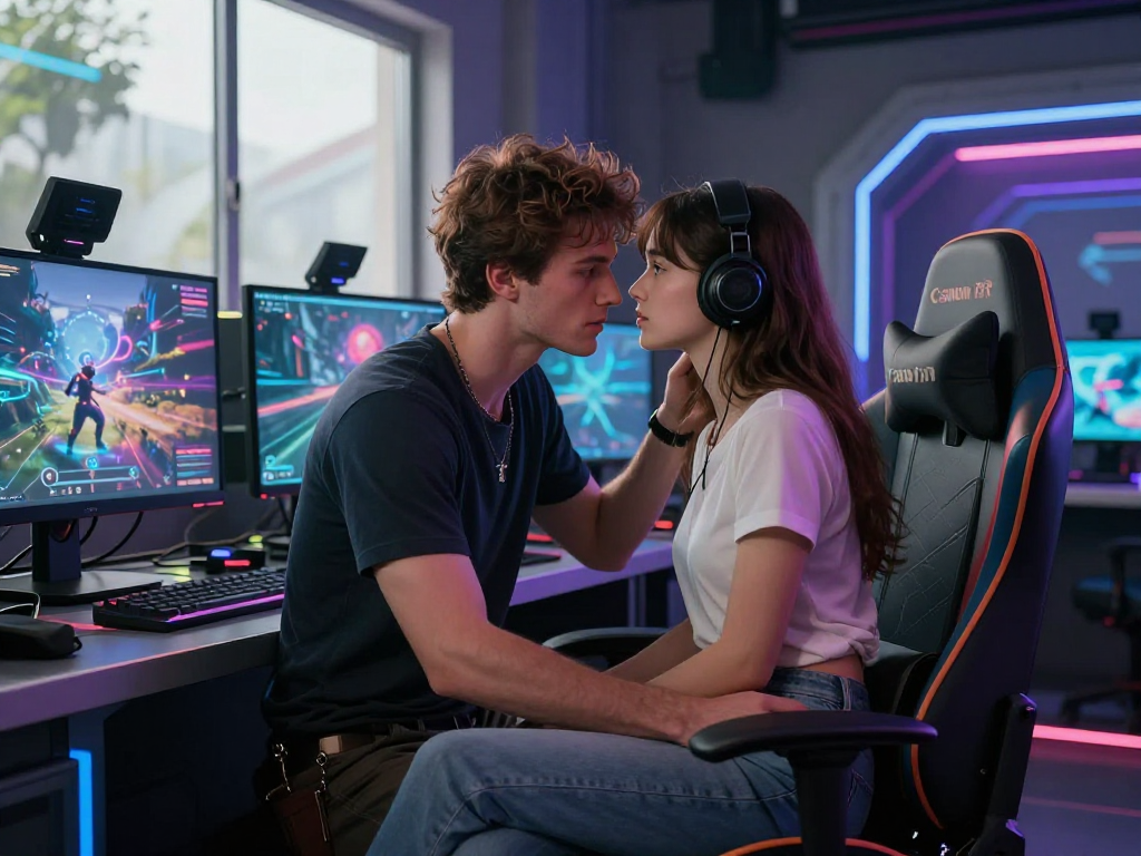 Lifelike 3D sex game environment featuring a male character with an AI companion in an immersive digital landscape.