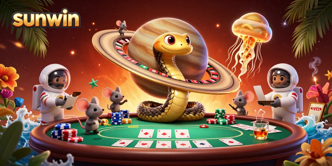 Experience thrilling bets at sunwin with a vibrant cosmic casino scene featuring poker chips and astronaut mice.