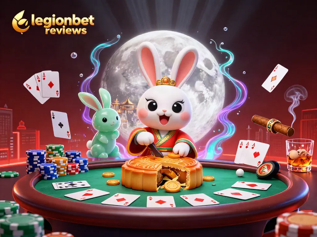 Gamble with legionbet reviews in a vibrant casino-themed moonlit scene showcasing poker elements.