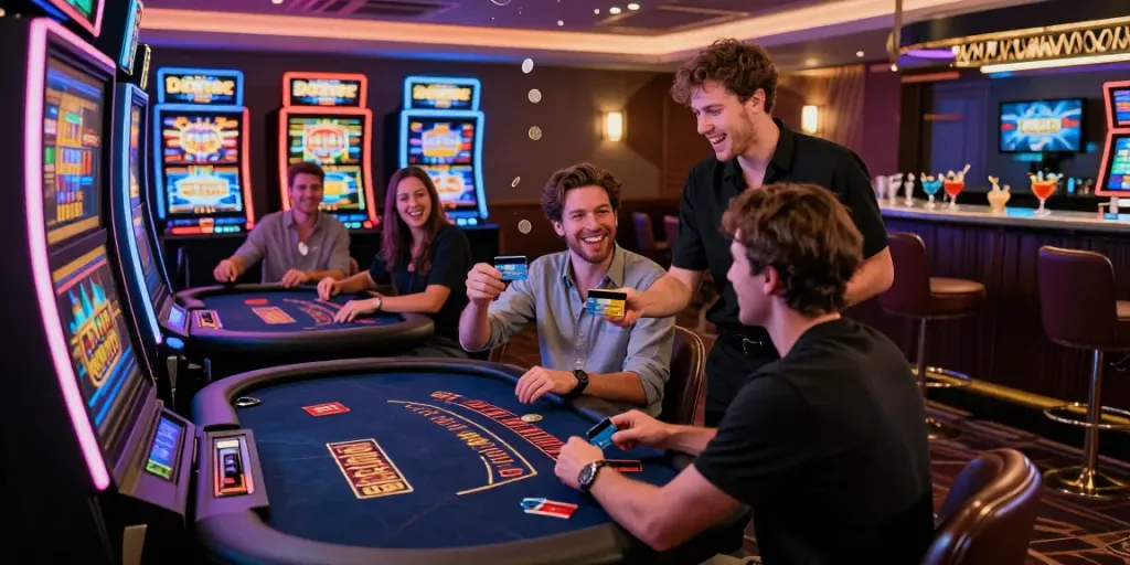 Players enjoying their experience at credit card casinos surrounded by lively slot machines and card tables.