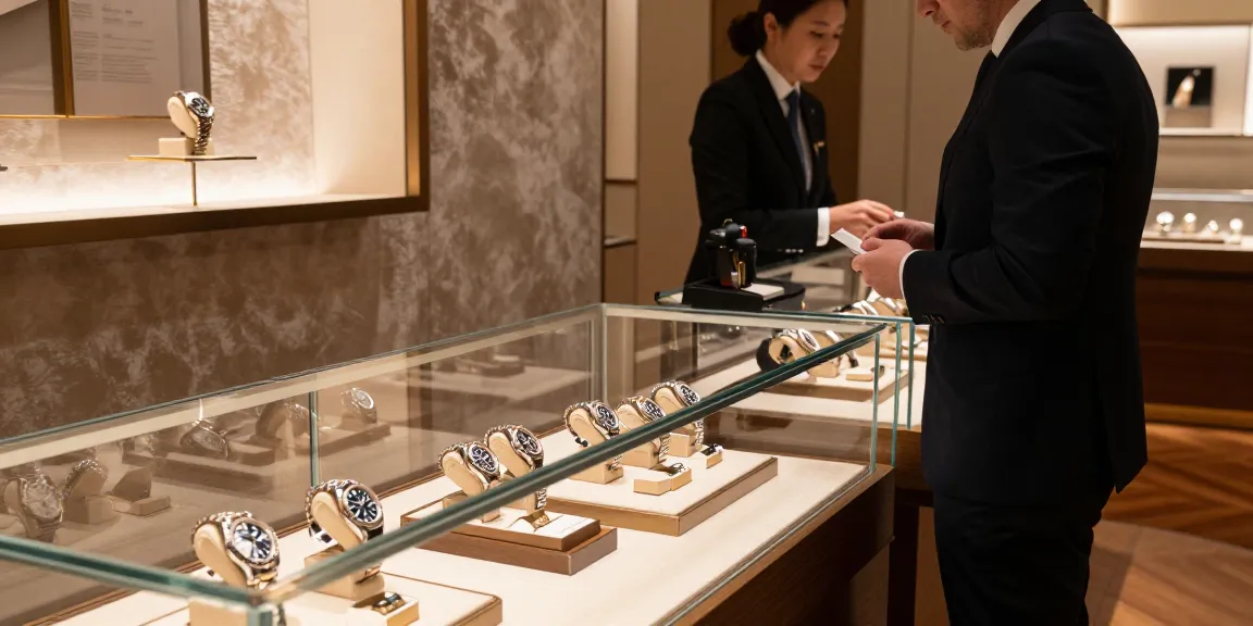 Elegant display of rolex super clone watches in upscale boutique setting, showcasing craftsmanship and luxury.