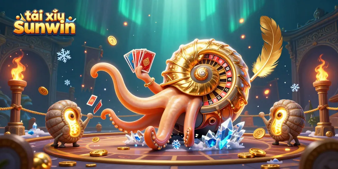 Engaging 3D illustration of tài xỉu sunwin showcasing nautilus with roulette shell and glowing fossil companions.