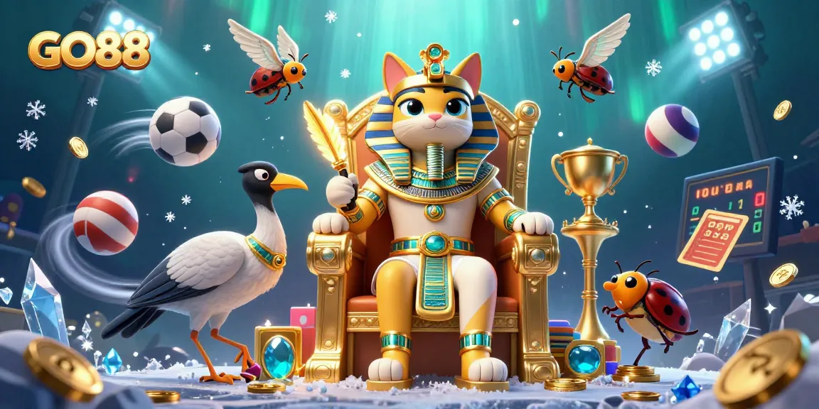 Experience GO88 casino action with a vibrant scene of a Pharaoh cat, sports elements, and gaming excitement.