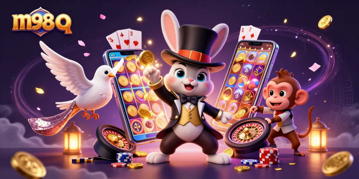 Experience exciting games and jackpots with m98 q in this vibrant casino-themed illustration.