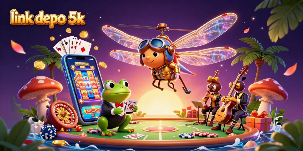 Engage with link depo 5k as a cartoon dragonfly and frog create a vibrant casino scene filled with energy.