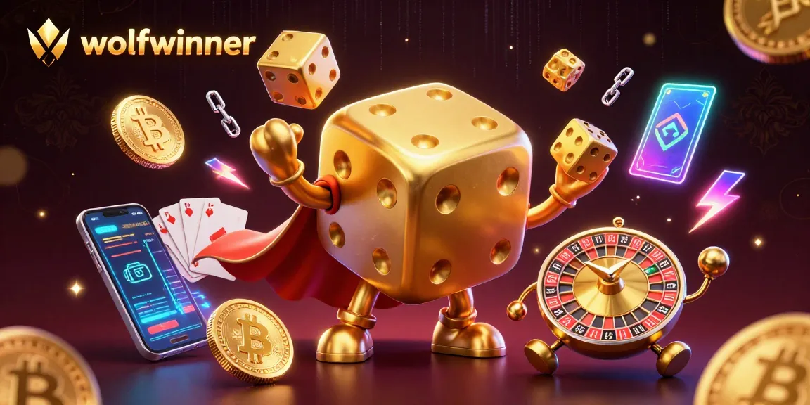Experience thrilling moments with wolfwinner's vibrant 3D casino graphics showcasing golden dice and crypto elements.